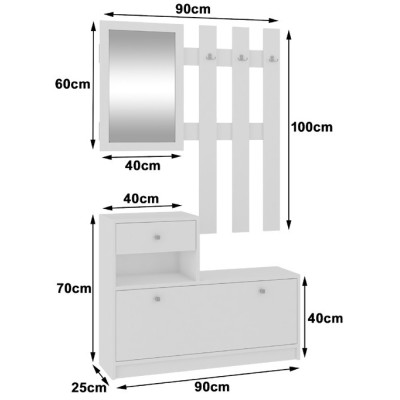 Meuble d'entrée porte manteau armoire à chaussures Blanc 90 cm 1 porte 1 tiroir mat, 2 étagères