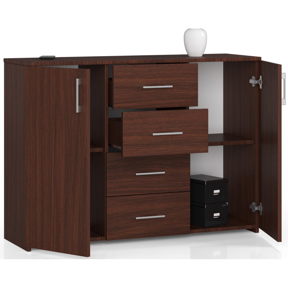Commode Buffet MARUS 4 tiroirs 2 portes 110 x 35 x 80 cm Marron