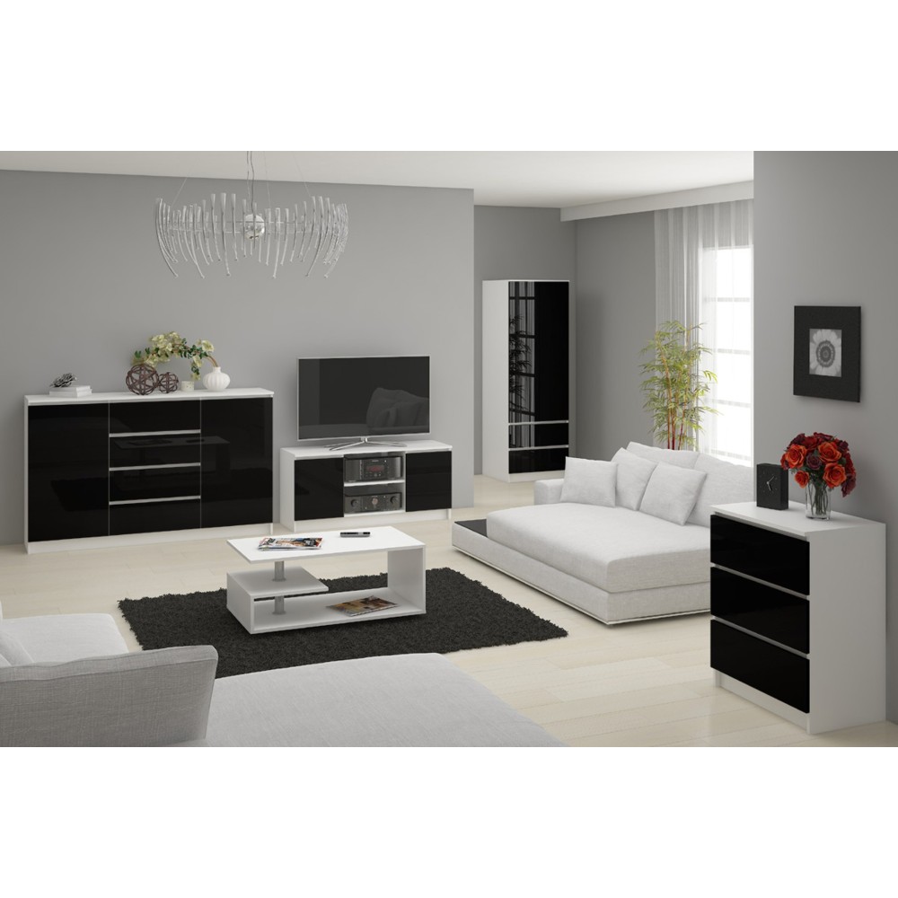Commode Blance LOUISA 8 Tiroirs Façade Noir  Brillant 120x40x99 Cm