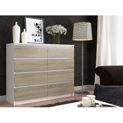 Commode Blanche LOUISA 8 Tiroirs Façade Marron  Brillant 120x40x99 Cm