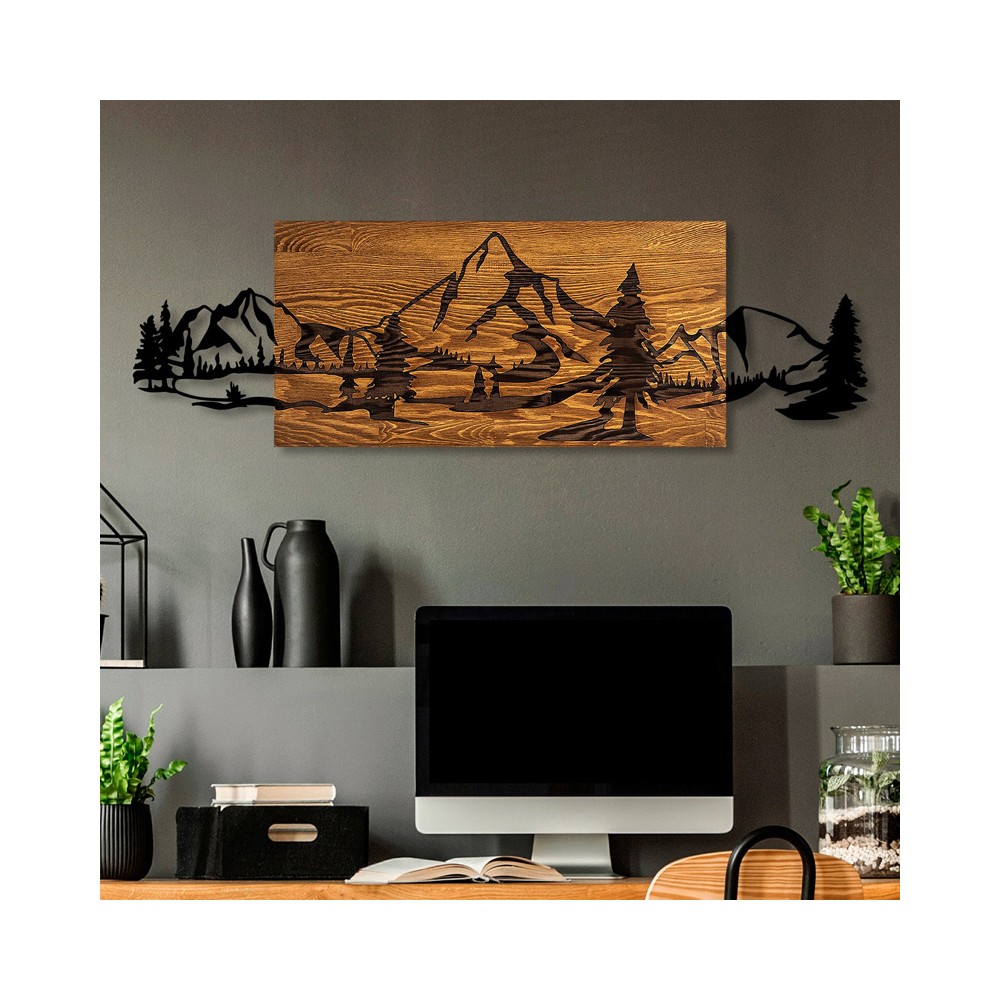 Décoration murale en bois de pin couleur naturelle et métal noir 95x3x30 cm