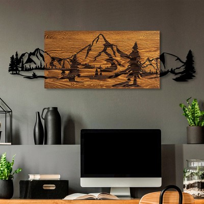Décoration murale en bois de pin couleur naturelle et métal noir 95x3x30 cm