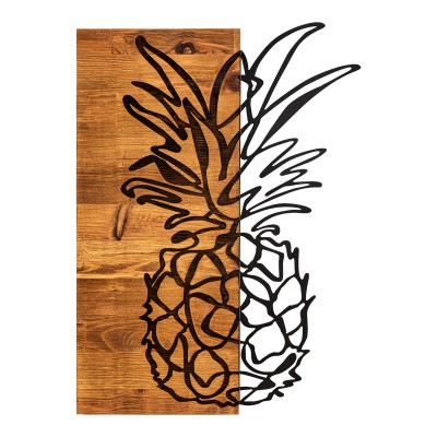 Décoration murale ananas en bois de pin couleur naturelle et métal noir 42x3x58 cm