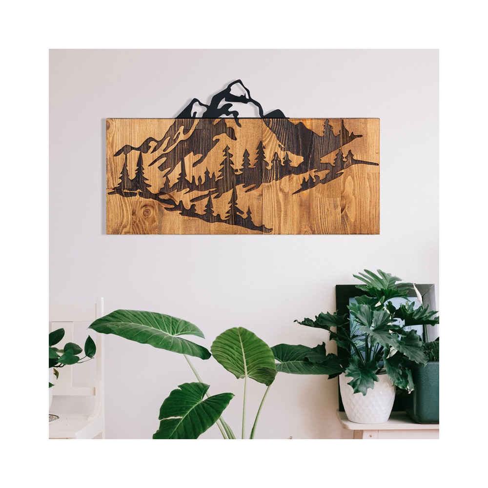 Décoration murale en bois de pin de couleur naturelle et métal noir 57,5x3x33 cm