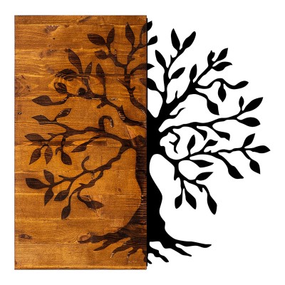 Décoration murale en bois de pin couleur naturelle et métal noir 58x3x58 cm
