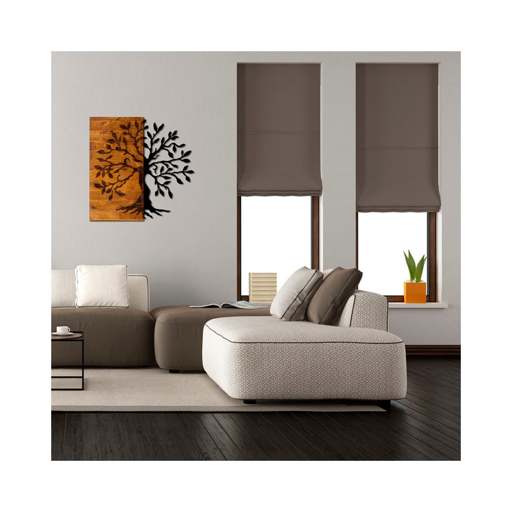 Décoration murale en bois de pin couleur naturelle et métal noir 58x3x58 cm
