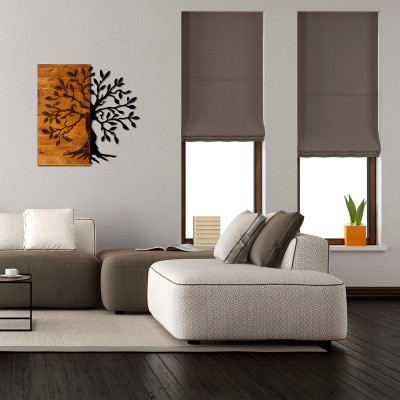 Décoration murale en bois de pin couleur naturelle et métal noir 58x3x58 cm
