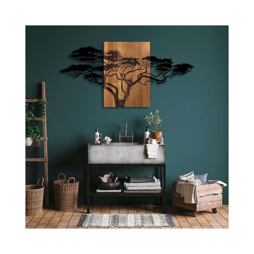 Décoration murale en bois de pin couleur naturelle et métal noir 144x3x70 cm