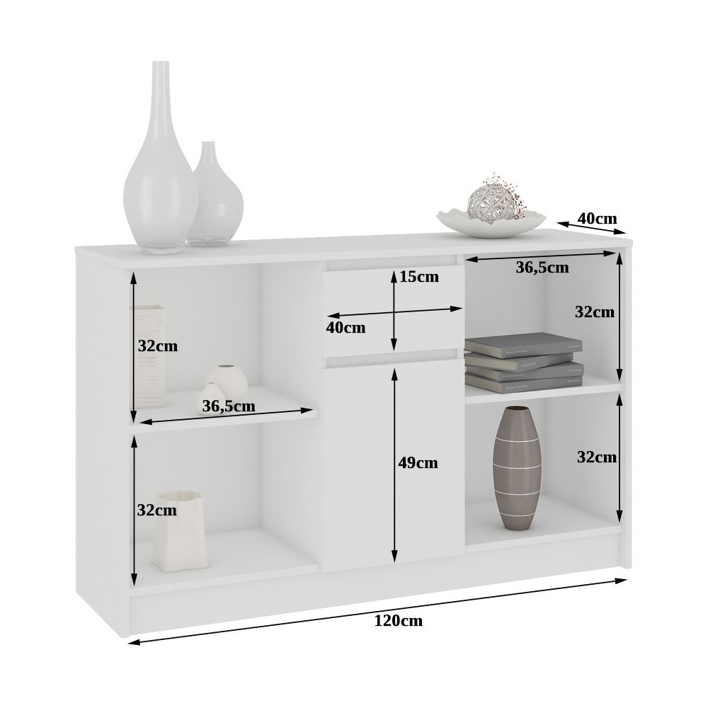 Commode ARONA  Blanche porte 1 tiroir  6 étagères 120x40x77 cm