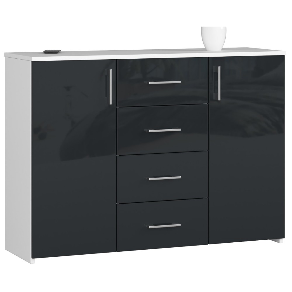 Commode Buffet MARUS 4 tiroirs 2 portes 110 x 35 x 80 cm Blanc Facade Anthracite brillant