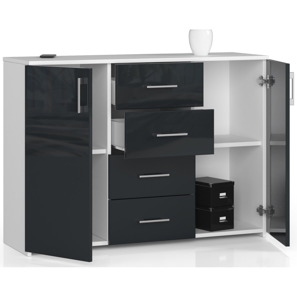 Commode Buffet MARUS 4 tiroirs 2 portes 110 x 35 x 80 cm Blanc Facade Anthracite brillant