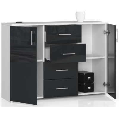 Commode Buffet MARUS 4 tiroirs 2 portes 110 x 35 x 80 cm Blanc Facade Anthracite brillant
