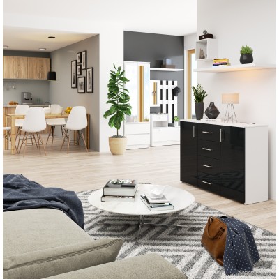 Commode Buffet MARUS 4 tiroirs 2 portes 110 x 35 x 80 cm Blanc Facade Anthracite brillant