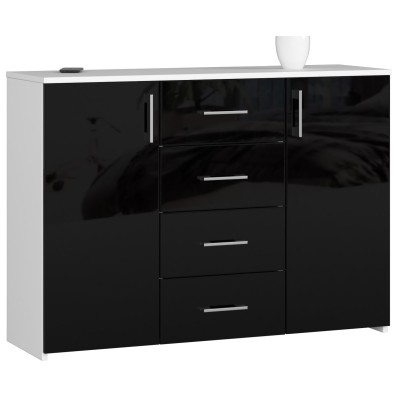 Commode Buffet MARUS 4 tiroirs 2 portes 110 x 35 x 80 cm Blanc Facade Noir brillant