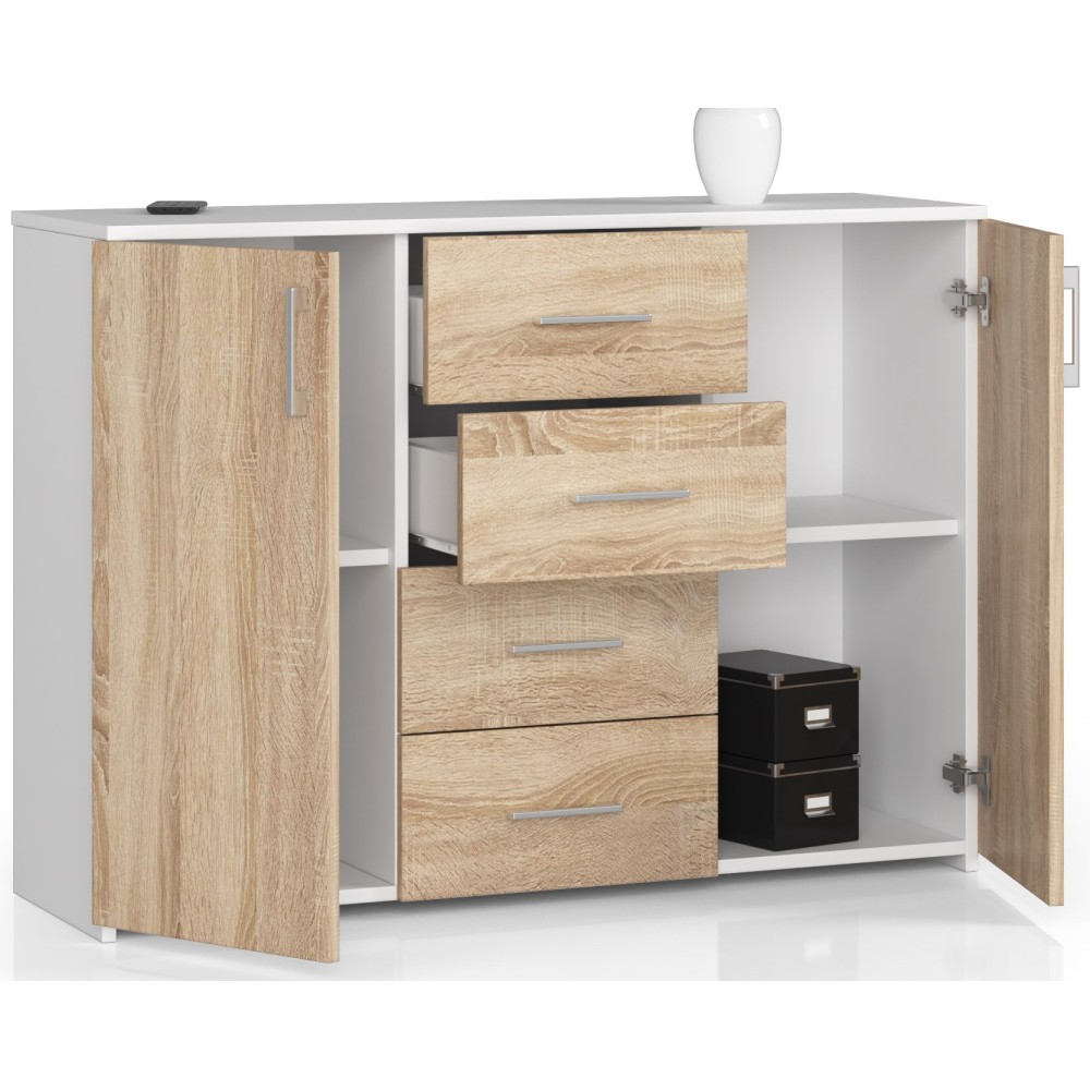 Commode Buffet MARUS 4 tiroirs 2 portes 110 x 35 x 80 cm Blanc Facade Bois naturel