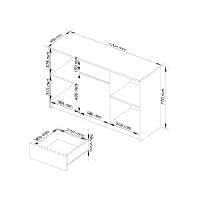 Commode ARONA 120 cm Bois 1 porte 1 tiroir façade Blanc 6 étagères 120x40x77 cm