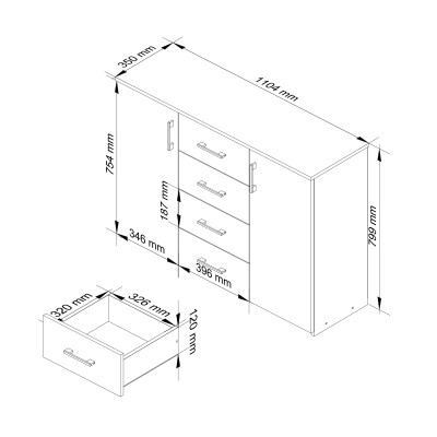 Commode Buffet MARUS 4 tiroirs 2 portes 110 x 35 x 80 cm Blanc Facade capuccino brillant