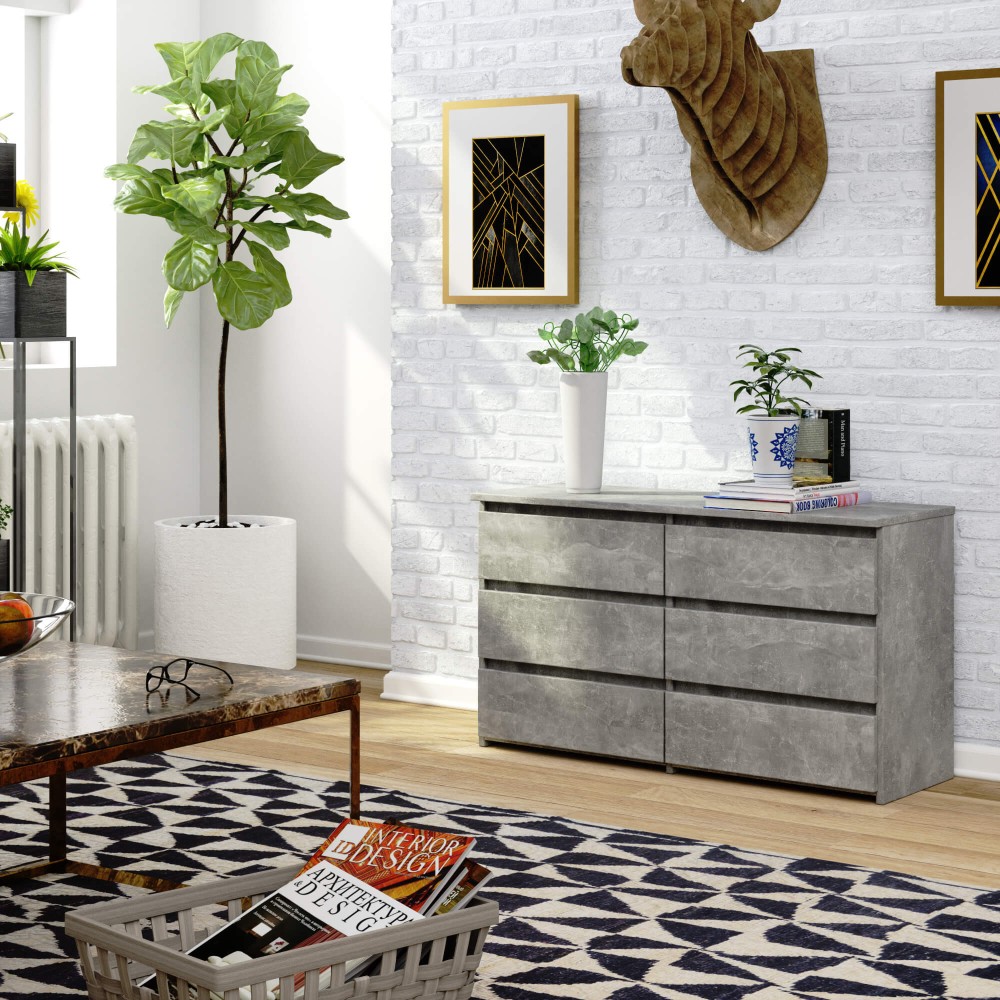 Commode LOLA 100 cm Gris béton 6 tiroirs