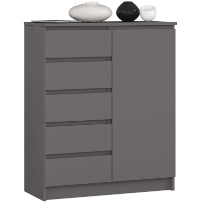 Commode NAULI 1 porte 5 tiroirs 97x35x80 cm Gris