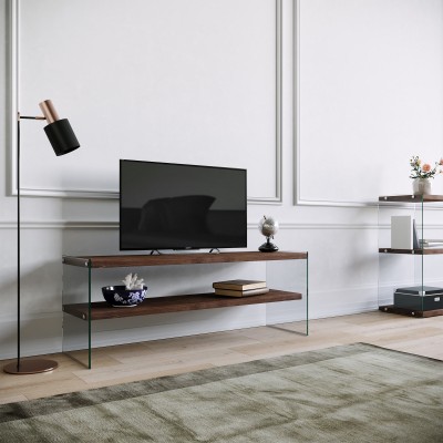 Meuble TV Translucens L120cm Verre Trempé Transparent Et Pin Massif Foncé