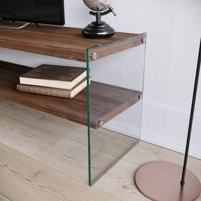 Meuble TV Translucens L120cm Verre Trempé Transparent Et Pin Massif Foncé
