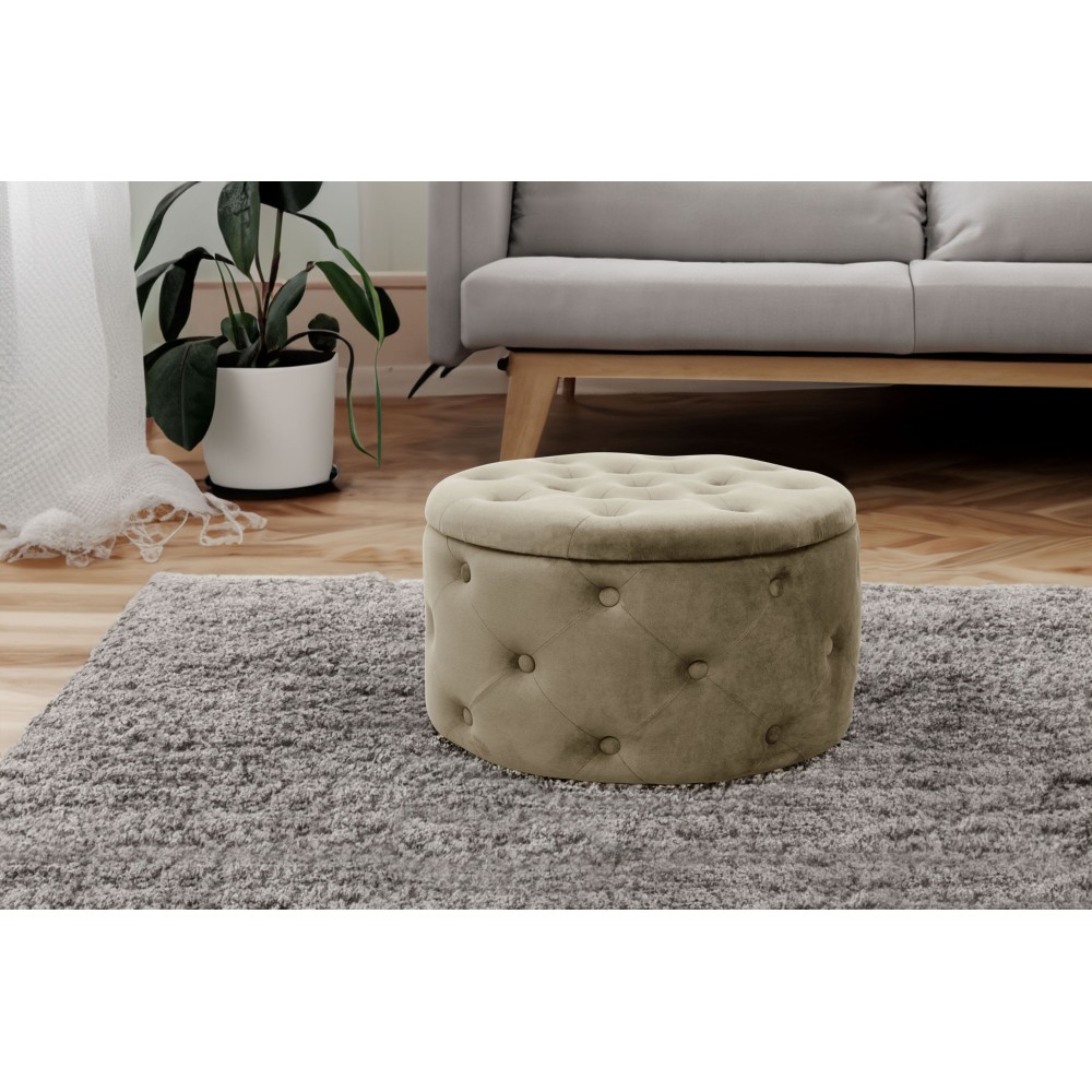 Pouf De Rangement Avec Couvercle Matelassé ULYSSE Velour Beige 55x30x55cm