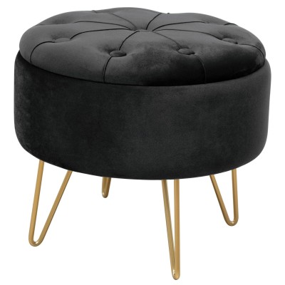 Pouf de Rangement Avec Couvercle Velour Matelassé Noir 33x38 Cm