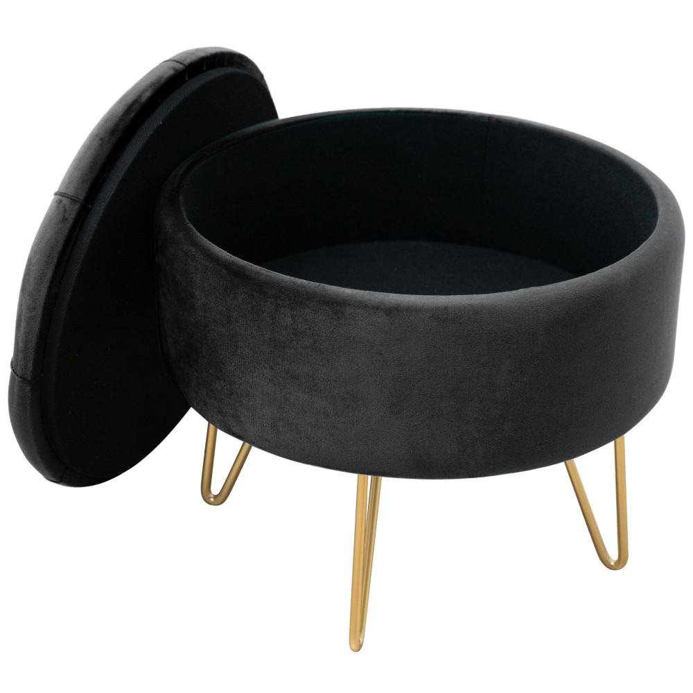 Pouf de Rangement Avec Couvercle Velour Matelassé Noir 33x38 Cm