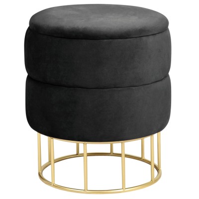 Pouf De Rangement Avec Couvercle Matelassé ELIZA Velour Noir 42 X 32 Cm