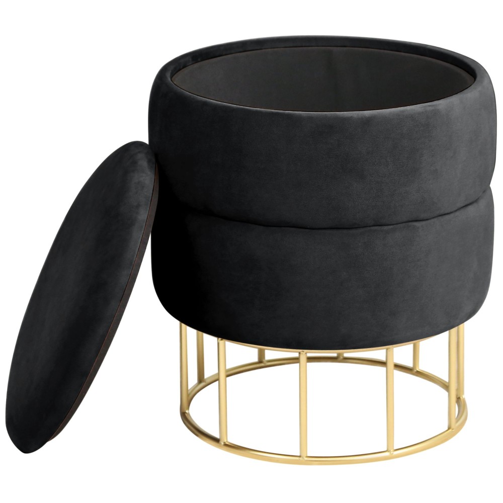 Pouf De Rangement Avec Couvercle Matelassé ELIZA Velour Noir 42 X 32 Cm