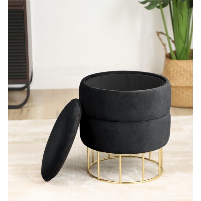 Pouf De Rangement Avec Couvercle Matelassé ELIZA Velour Noir 42 X 32 Cm