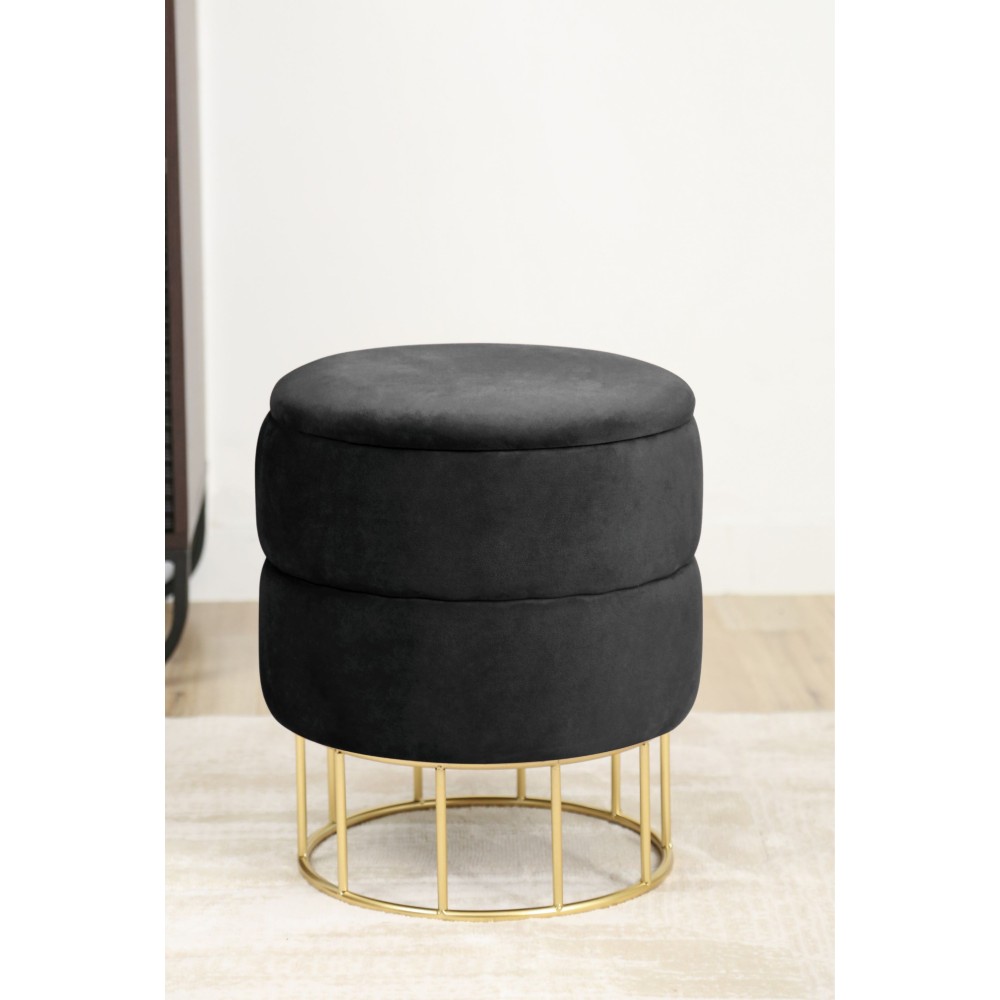 Pouf De Rangement Avec Couvercle Matelassé ELIZA Velour Noir 42 X 32 Cm