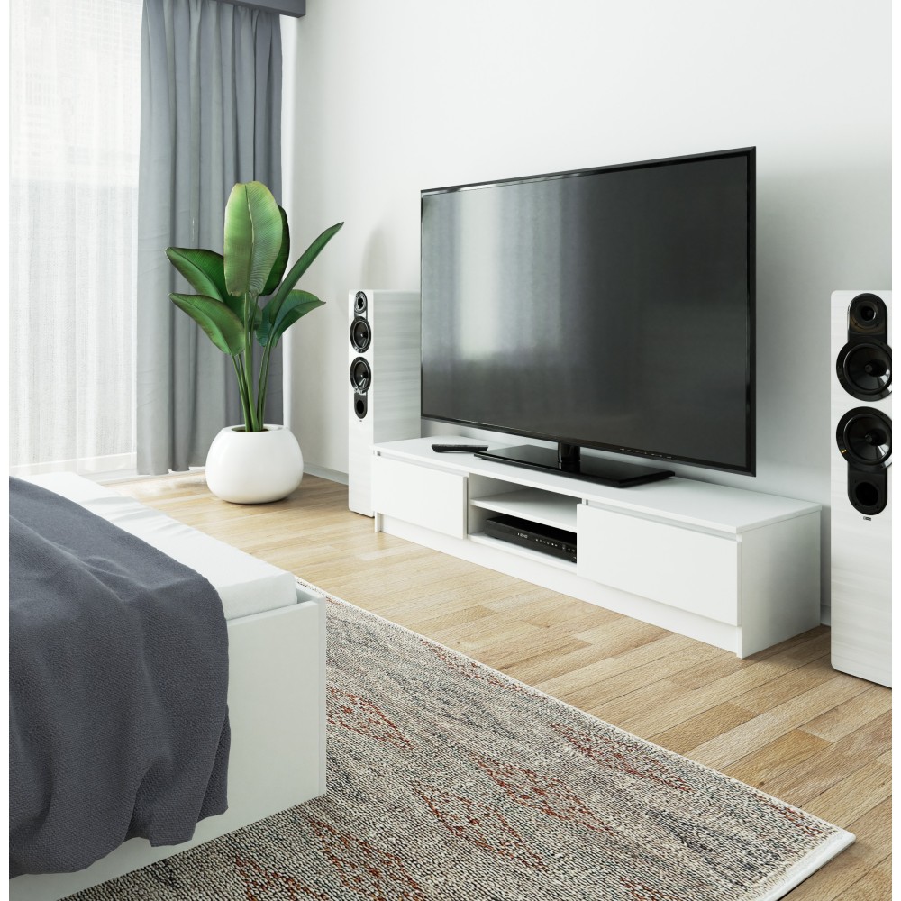 Meuble TV Blanc 160 cm 2 portes 2 étagères 160x40x33 cm