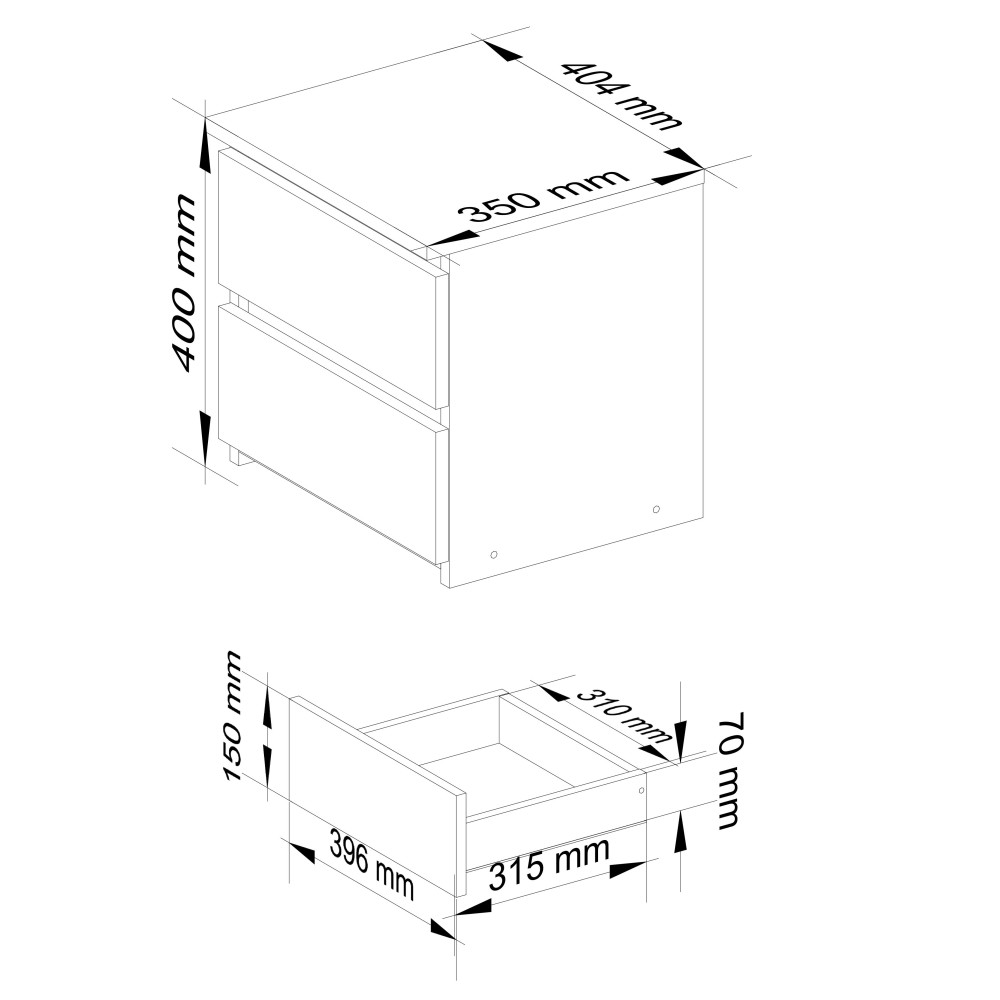 Table de chevet Blanche 40 cm 2 tiroirs façade Bois Chêne Sonoma 40x35x40 cm