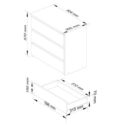 Table de chevet NINA commode 3 tiroirs facade brillant 60x57x35 cm 