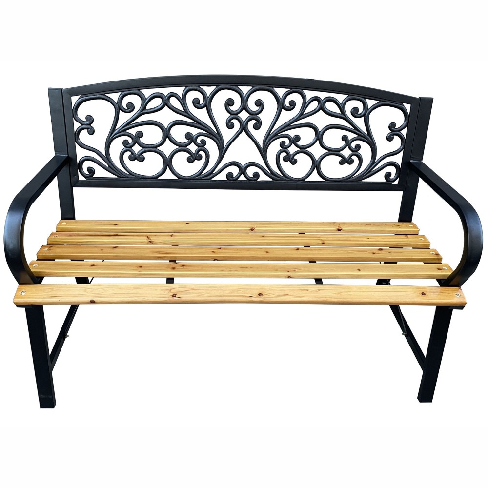 Banc de Jardin Noir NERINA avec Bois laqué et Pieds en fonte, Largeur 118 cm