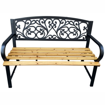 Banc de Jardin Noir NERINA avec Bois laqué et Pieds en fonte, Largeur 118 cm