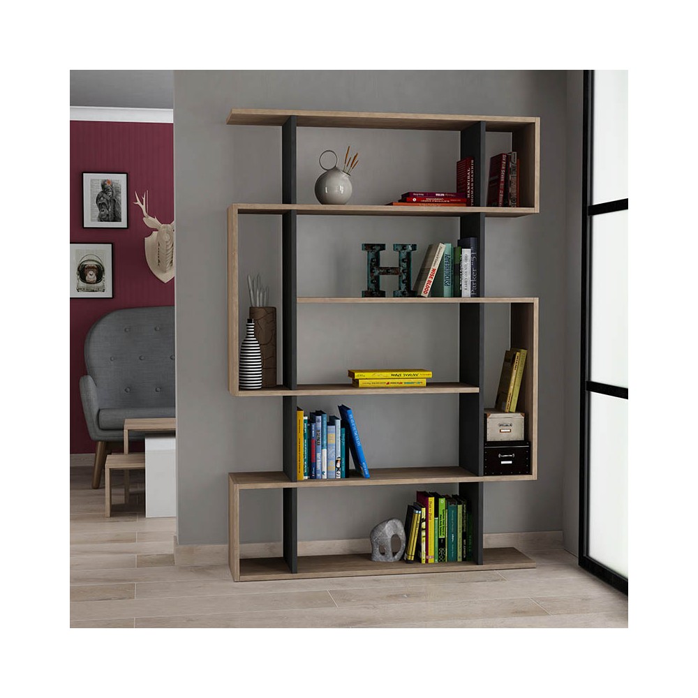 Bibliothèque design anthracite-bois 108,5x25,5x161 cm