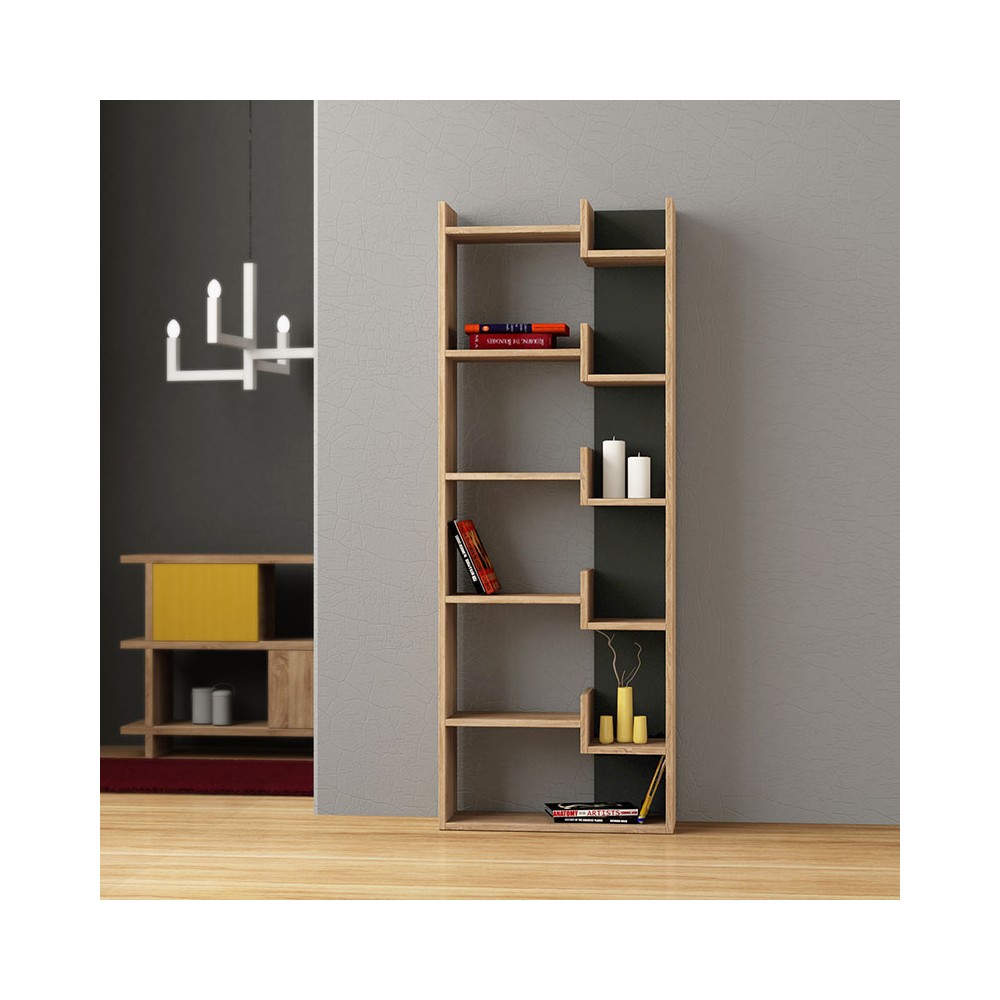 Bibliothèque bois chêne foncé - antracite 61x22x162 cm