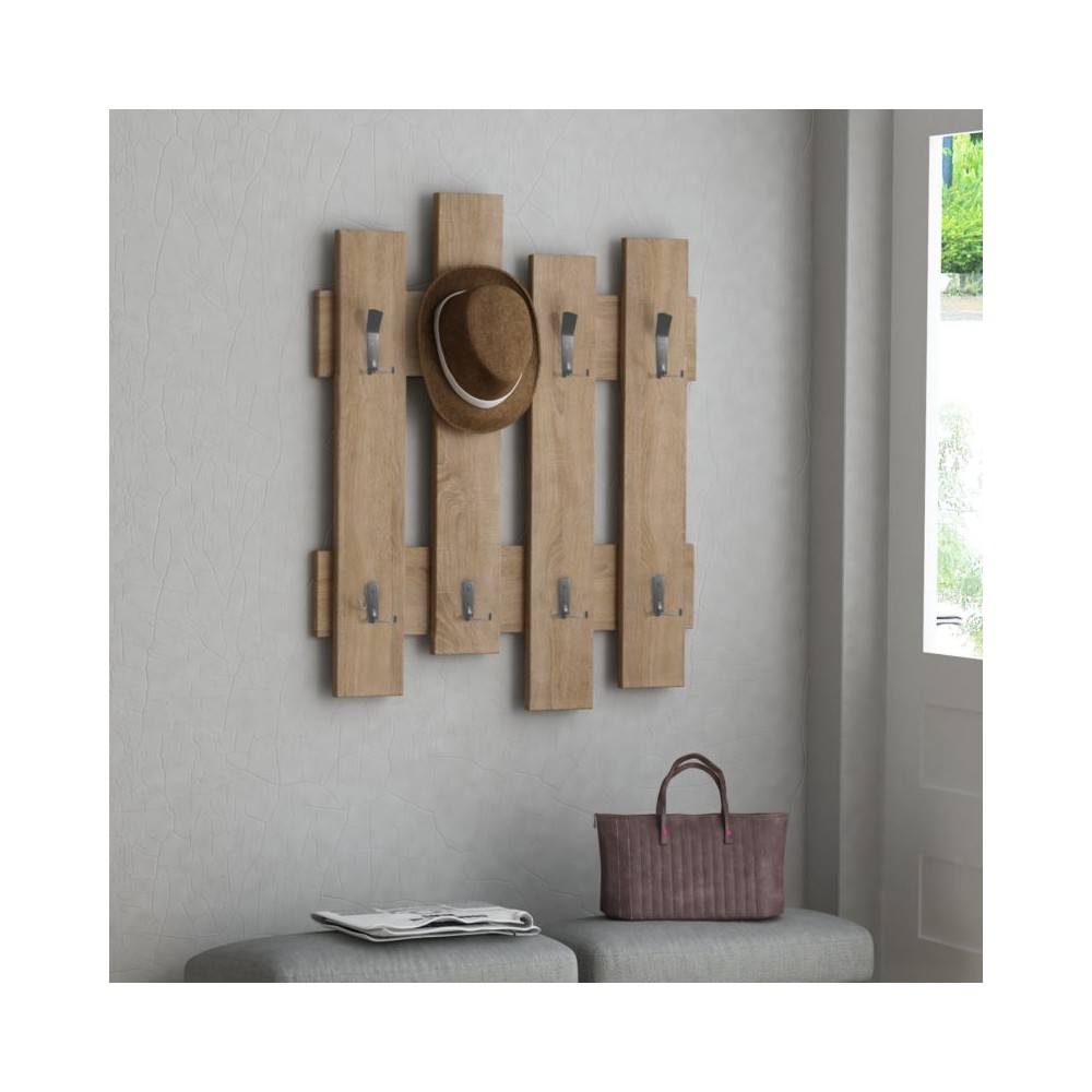 Porte manteau mural Bois naturelle 8 crochets 64x4x79cm