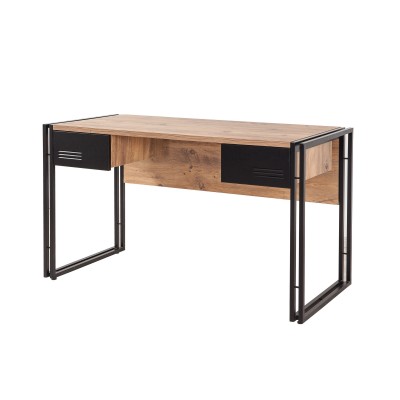 Bureau 2 tiroirs style industriel bois chêne clair et métal noir Dukita 139cm