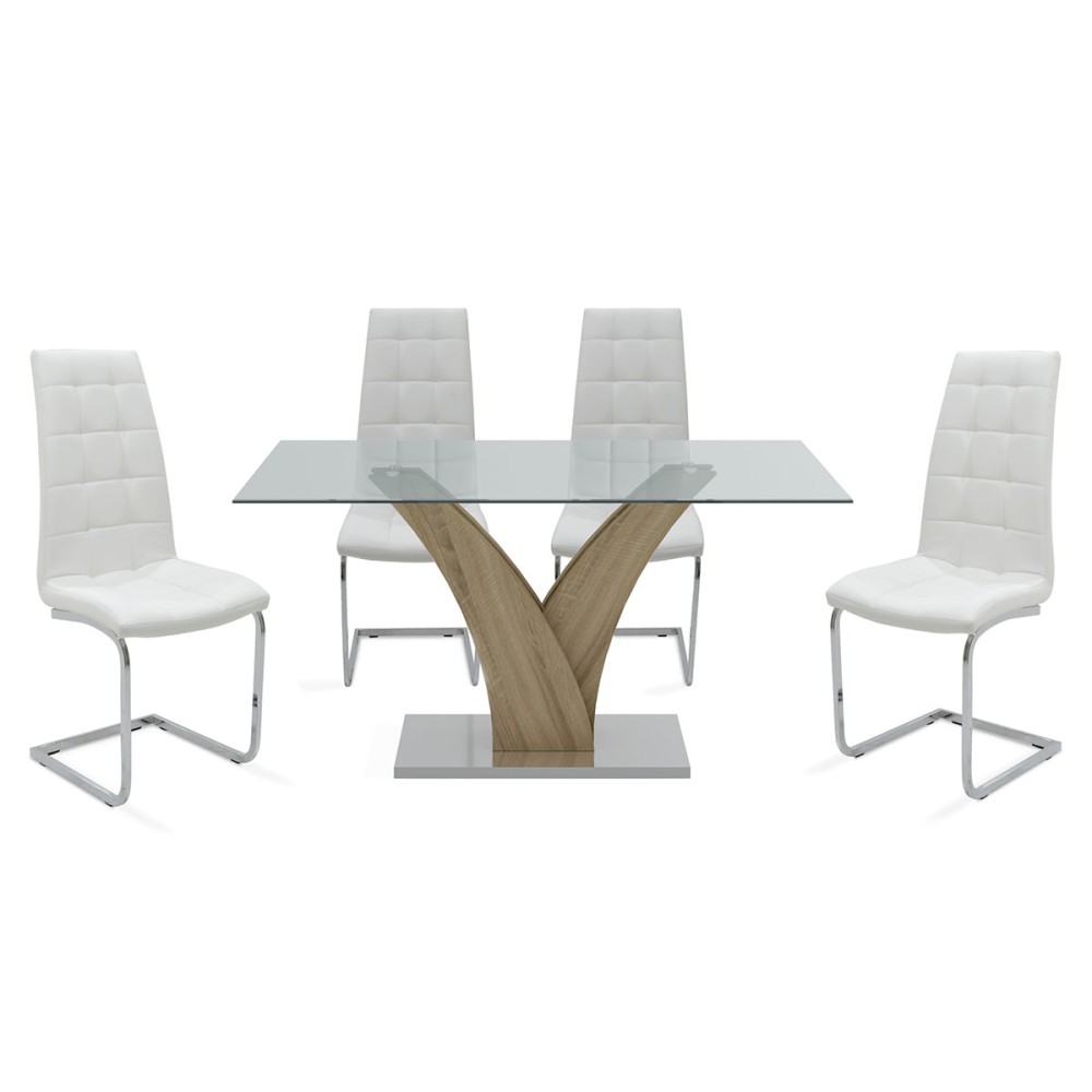 Ensemble Table + chaise salle à manger 5 pièce avec surface en verre et chaises en PU blanc 150x90x76cm