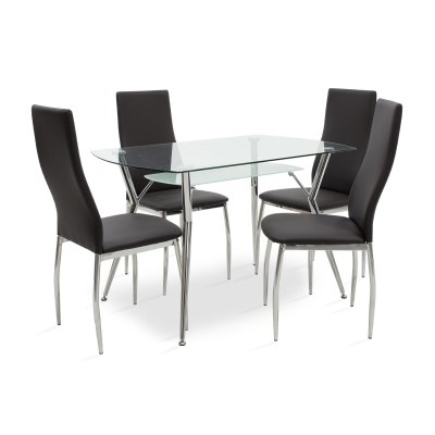 Ensemble Table + chaise salle à manger  5 pièces Jacob-Jella avec chaise en verre noir pu 120x75x75,5cm