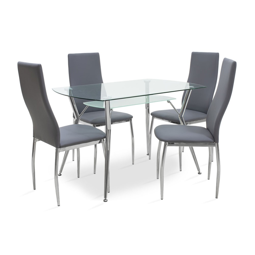 Ensemble Table + chaise salle à manger  5 pièces Jacob-Jella avec chaise en verre gris pu 120x75x75,5cm