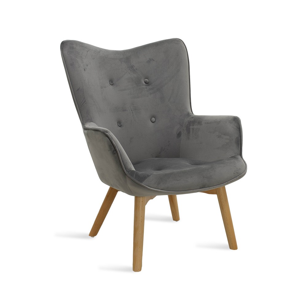 Fauteuil Gris velours pied en Bois