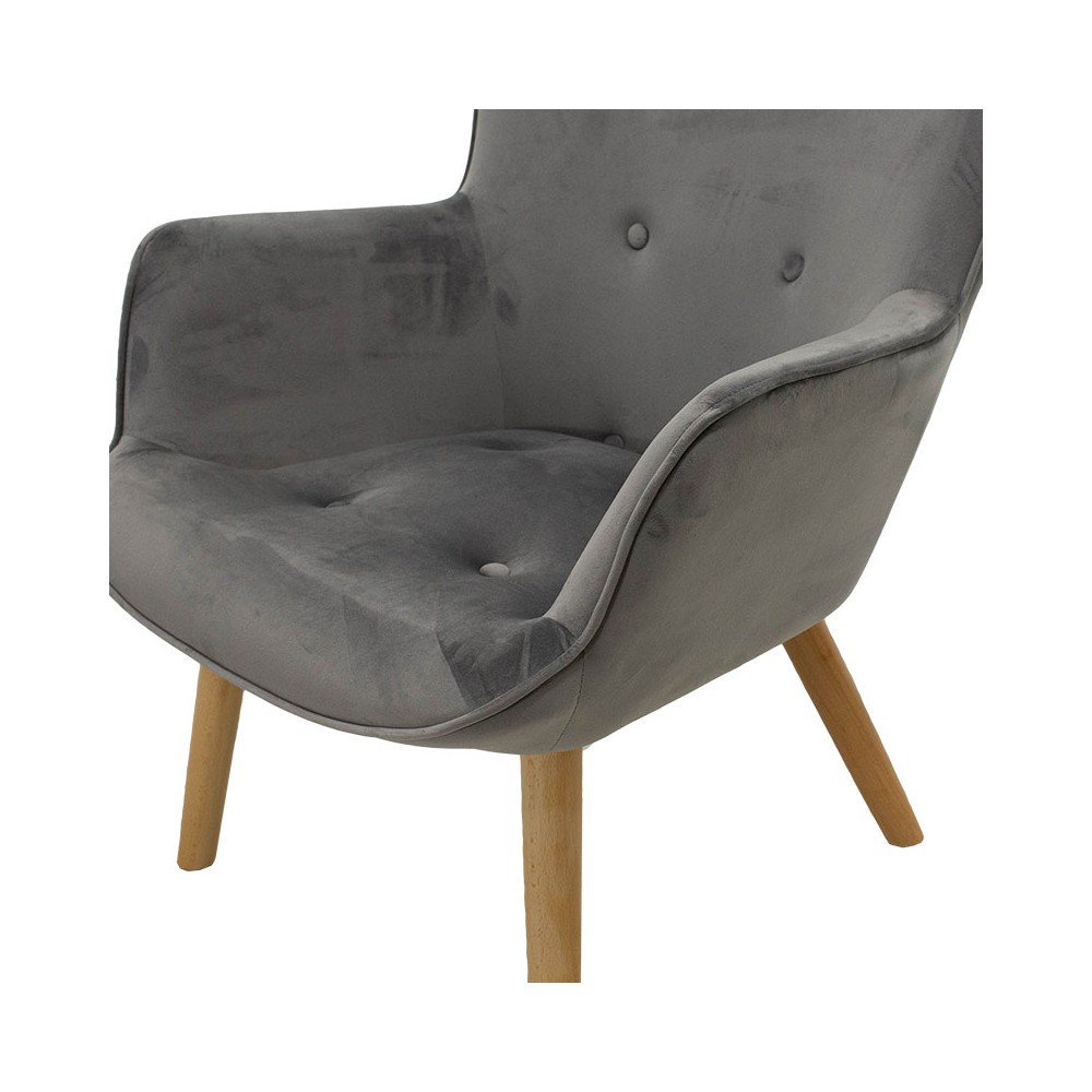 Fauteuil Gris velours pied en Bois