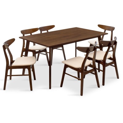 Ensemble Table + chaise salle à manger  - Orlean  7pcs 150x90x75cm en noyer - tissu beige