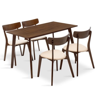 Ensemble Table + chaise salle à manger  - Toto 5pcs 120x75x75cm en noyer - tissu beige