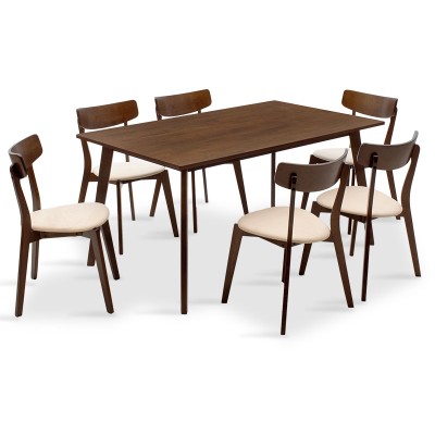 Ensemble Table + chaise salle à manger  - Toto 7pcs 150x90x75cm en noyer - tissu beige