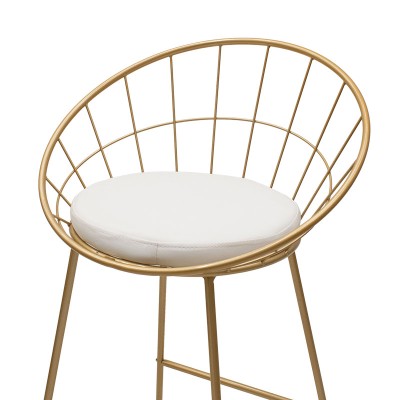 Tabouret de bar  en fil de métal doré avec coussin en PVC blanc
